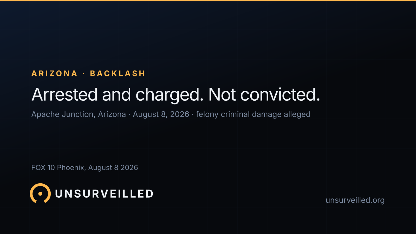 Dark graphic reading "Arrested and charged. Not convicted." with a smaller line reading "Apache Junction, Arizona, August 8, 2026, felony criminal damage alleged".