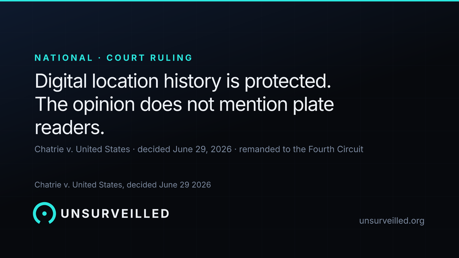 Dark graphic reading "Digital location history is protected. The opinion does not mention plate readers." with a smaller line reading "Chatrie v. United States, decided June 29, 2026, remanded to the Fourth Circuit".